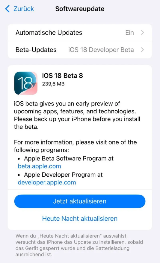 五峰苹果手机维修分享苹果 iOS / iPadOS 18 开发者预览版 Beta 8 发布 